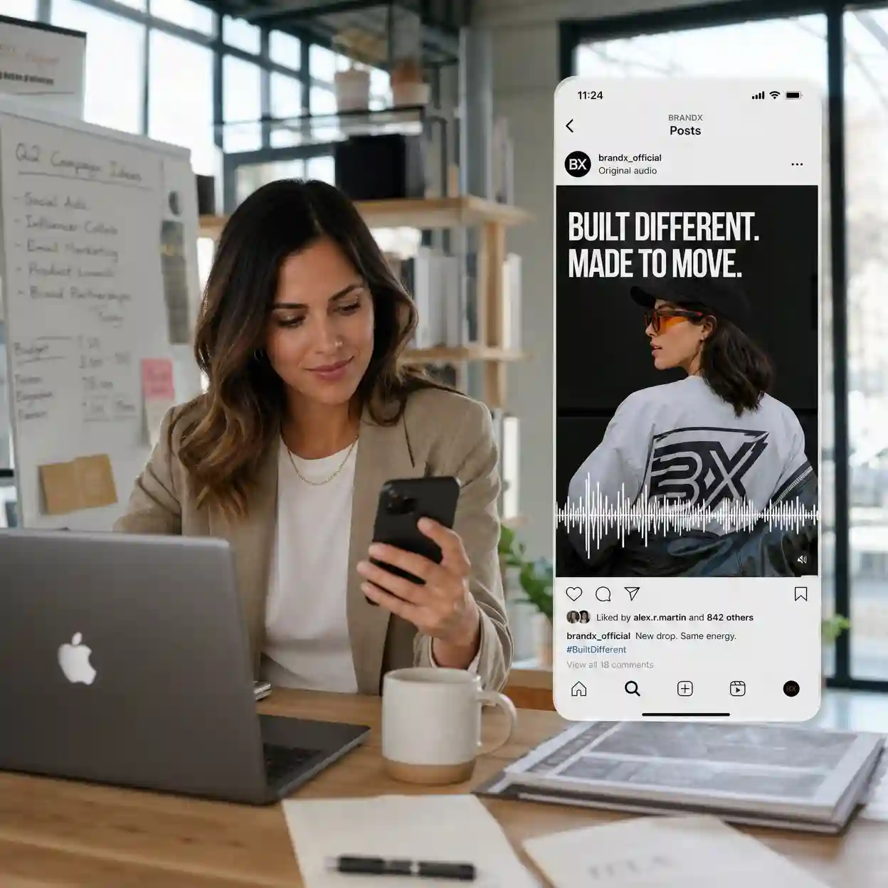 ai rap song generator social media marketing artwork showing trap beats, catchy slogan jingles, Instagram campaign audio, energetic brand voice, and small business campaigns.